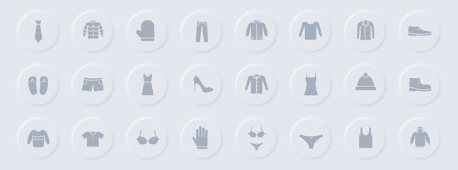 clothes gray glyph icons on round rubber buttons. clothes vector icons for web, mobile apps, ui design and promo business polygraphy