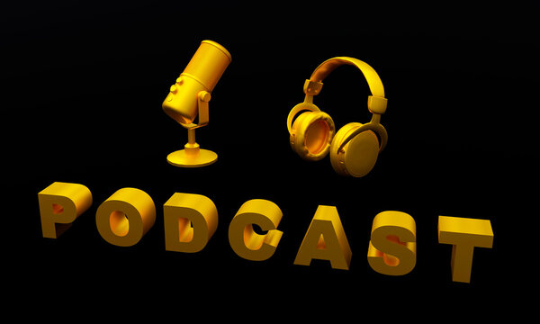 3d illustration, microphone and headphone, word podcast, all in gold color, on a black background, 3d rendering