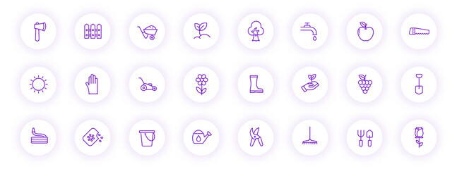 garden purple color outline icons on light round buttons with purple shadow. garden icon set for web, mobile apps, ui design and print