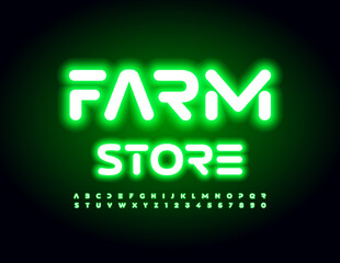 Vecor electric signboard Farm Store. Green glowing Font. Abstract style Alphabet Letters and Numbers set