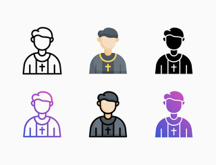 Priest icon set with different styles. Style line, outline, flat, glyph, color, gradient. Editable stroke and pixel perfect. Can be used for digital product, presentation, print design and more.