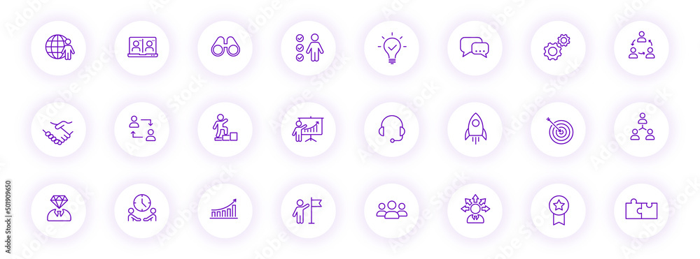 Poster teamwork purple color outline icons on light round buttons with purple shadow. teamwork icon set for