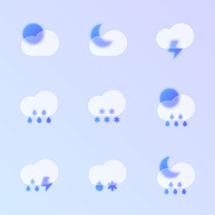 weather glass morphism trendy style icons. weather transparent glass color vector icon set with blur and purple gradient. for web and ui design, mobile apps and promo business polygraphy