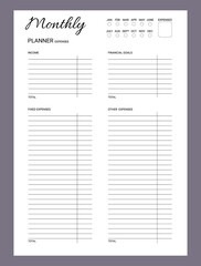 Monthly Financial Planner to track income and Expenses. black and white