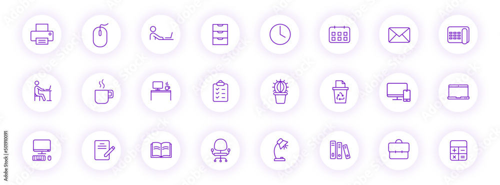 Poster workspace purple color outline icons on light round buttons with purple shadow. workspace icon set f
