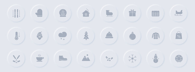 Fototapeta premium winter gray glyph icons on round rubber buttons. winter vector icons for web, mobile apps, ui design and promo business polygraphy