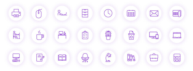 workspace purple color outline icons on light round buttons with purple shadow. workspace icon set for web, mobile apps, ui design and print