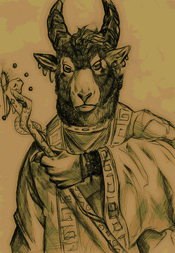 Illustration of an anthropomorphic black ram dressed as a priest and holding an ancient magic clergyman's cane