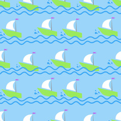 Simple seamless pattern with simple pattern. The boat sails on the waves. Design for fabric and wallpaper decoration.