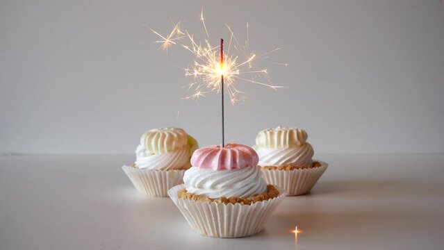 Birthday cupcake. Bengal fires or fireworks burn in the cake. Happy birthday. Delicious cupcake with sparklers