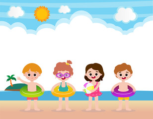 Obraz na płótnie Canvas Hello summer banner template of Cute kids and rubber ring on the beach. children cartoon floating on inflatable in the ocean isolated background vector illustration