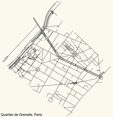 Detailed navigation black lines urban street roads map of the GRENELLE QUARTER of the French capital city of Paris, France on vintage beige background