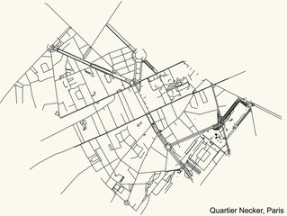 Detailed navigation black lines urban street roads map of the NECKER QUARTER of the French capital city of Paris, France on vintage beige background