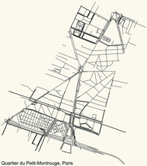 Detailed navigation black lines urban street roads map of the PETIT-MONTROUGE QUARTER of the French capital city of Paris, France on vintage beige background