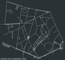 Detailed negative navigation white lines urban street roads map of the CROULEBARBE QUARTER of the French capital city of Paris, France on dark gray background