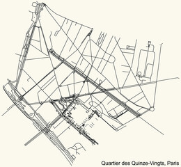 Detailed navigation black lines urban street roads map of the QUINZE-VINGTS QUARTER of the French capital city of Paris, France on vintage beige background