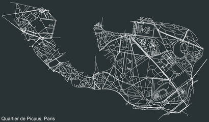 Detailed negative navigation white lines urban street roads map of the PICPUS QUARTER of the French capital city of Paris, France on dark gray background