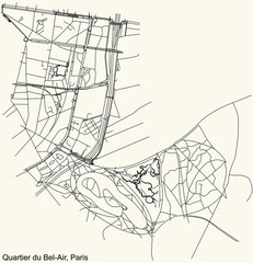 Detailed navigation black lines urban street roads map of the BEL-AIR QUARTER of the French capital city of Paris, France on vintage beige background