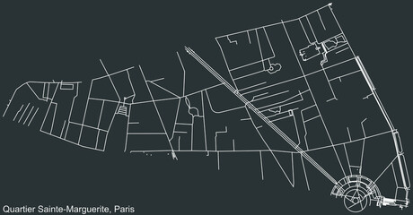 Detailed negative navigation white lines urban street roads map of the SAINTE-MARGUERITE QUARTER of the French capital city of Paris, France on dark gray background