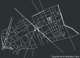 Detailed negative navigation white lines urban street roads map of the LA ROQUETTE QUARTER of the French capital city of Paris, France on dark gray background