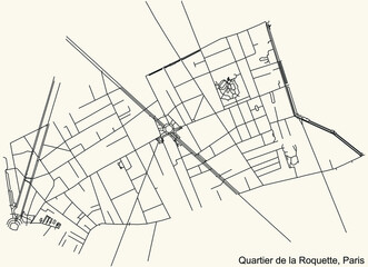 Detailed navigation black lines urban street roads map of the LA ROQUETTE QUARTER of the French capital city of Paris, France on vintage beige background