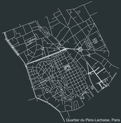 Detailed negative navigation white lines urban street roads map of the PÈRE-LACHAISE QUARTER of the French capital city of Paris, France on dark gray background