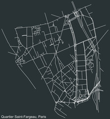 Detailed negative navigation white lines urban street roads map of the SAINT-FARGEAU QUARTER of the French capital city of Paris, France on dark gray background
