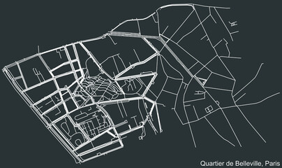 Detailed negative navigation white lines urban street roads map of the BELLEVILLE QUARTER of the French capital city of Paris, France on dark gray background