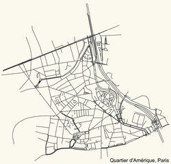 Detailed navigation black lines urban street roads map of the AMÉRIQUE QUARTER of the French capital city of Paris, France on vintage beige background