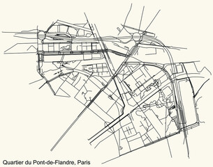 Detailed navigation black lines urban street roads map of the PONT-DE-FLANDRE QUARTER of the French capital city of Paris, France on vintage beige background