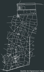Detailed negative navigation white lines urban street roads map of the CLIGNANCOURT QUARTER of the French capital city of Paris, France on dark gray background