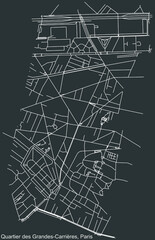 Detailed negative navigation white lines urban street roads map of the GRANDES-CARRIÈRES QUARTER of the French capital city of Paris, France on dark gray background