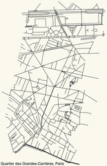 Detailed navigation black lines urban street roads map of the GRANDES-CARRIÈRES QUARTER of the French capital city of Paris, France on vintage beige background