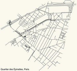 Detailed navigation black lines urban street roads map of the ÉPINETTES QUARTER of the French capital city of Paris, France on vintage beige background