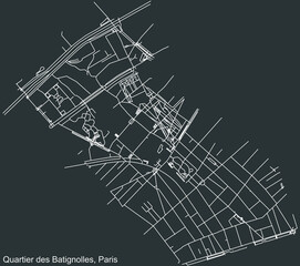 Detailed negative navigation white lines urban street roads map of the BATIGNOLLES QUARTER of the French capital city of Paris, France on dark gray background