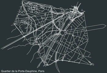 Detailed negative navigation white lines urban street roads map of the PORTE-DAUPHINE QUARTER of the French capital city of Paris, France on dark gray background