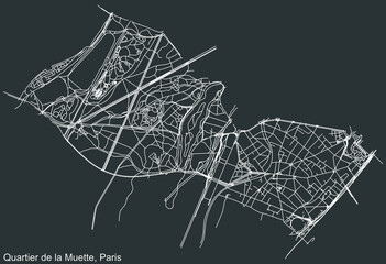 Obraz premium Detailed negative navigation white lines urban street roads map of the LA MUETTE QUARTER of the French capital city of Paris, France on dark gray background