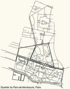 Detailed navigation black lines urban street roads map of the PARC MONTSOURIS QUARTER of the French capital city of Paris, France on vintage beige background