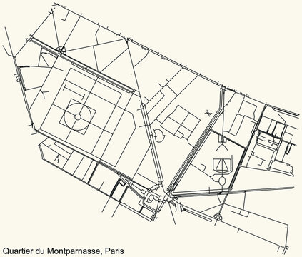 Detailed navigation black lines urban street roads map of the MONTPARNASSE QUARTER of the French capital city of Paris, France on vintage beige background