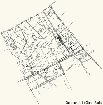 Detailed navigation black lines urban street roads map of the LA GARE QUARTER of the French capital city of Paris, France on vintage beige background