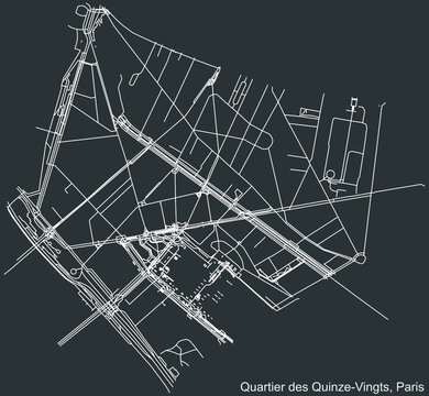 Detailed negative navigation white lines urban street roads map of the QUINZE-VINGTS QUARTER of the French capital city of Paris, France on dark gray background