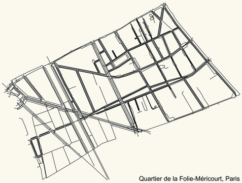Detailed navigation black lines urban street roads map of the FOLIE-M&Eacute;RICOURT QUARTER of the French capital city of Paris, France on vintage beige background