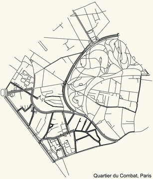 Detailed navigation black lines urban street roads map of the COMBAT QUARTER of the French capital city of Paris, France on vintage beige background