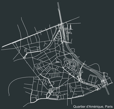 Detailed negative navigation white lines urban street roads map of the AM&Eacute;RIQUE QUARTER of the French capital city of Paris, France on dark gray background