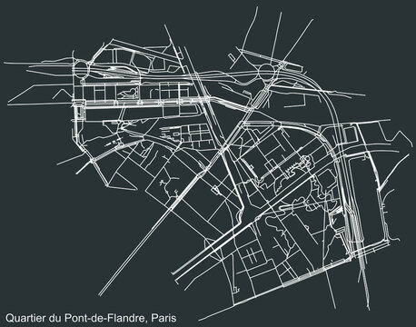 Detailed negative navigation white lines urban street roads map of the PONT-DE-FLANDRE QUARTER of the French capital city of Paris, France on dark gray background