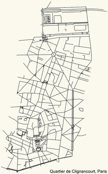 Detailed navigation black lines urban street roads map of the CLIGNANCOURT QUARTER of the French capital city of Paris, France on vintage beige background