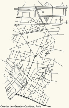 Detailed navigation black lines urban street roads map of the GRANDES-CARRI&Egrave;RES QUARTER of the French capital city of Paris, France on vintage beige background