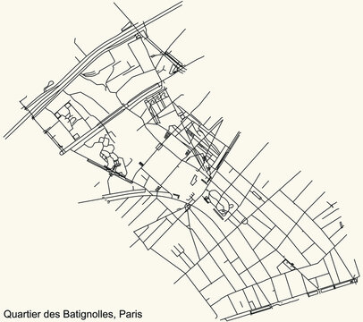 Detailed navigation black lines urban street roads map of the BATIGNOLLES QUARTER of the French capital city of Paris, France on vintage beige background