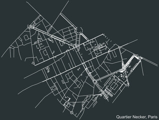 Detailed negative navigation white lines urban street roads map of the NECKER QUARTER of the French capital city of Paris, France on dark gray background