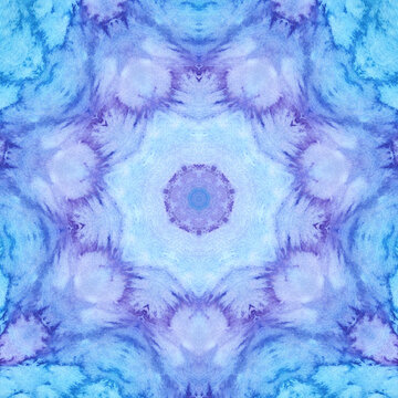 Blue Mandala watercolor kaleidoscope. Beautiful vintage round pattern. Hand drawn abstract background.